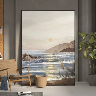 大芬村奶油风海边日出手绘油画客厅落地画沙发背景墙装饰画玄关画