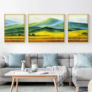 西墙挂画客厅背景墙壁画绿水青山靠山图山水画三联画巨人山装饰画