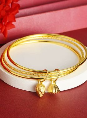 孟加拉赤金首饰圆环三层莲蓬手镯黄色合金古风三环光面磨砂饰品