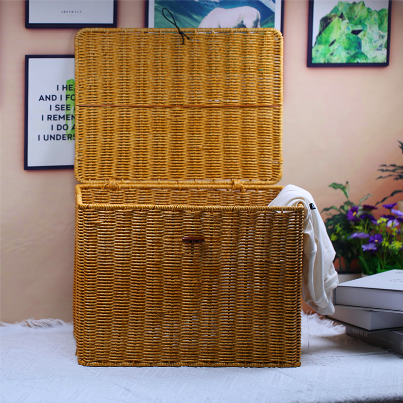 412Z37高颜值带盖方形收纳箱藤编脏衣筐手工编织收纳筐杂物手编篮