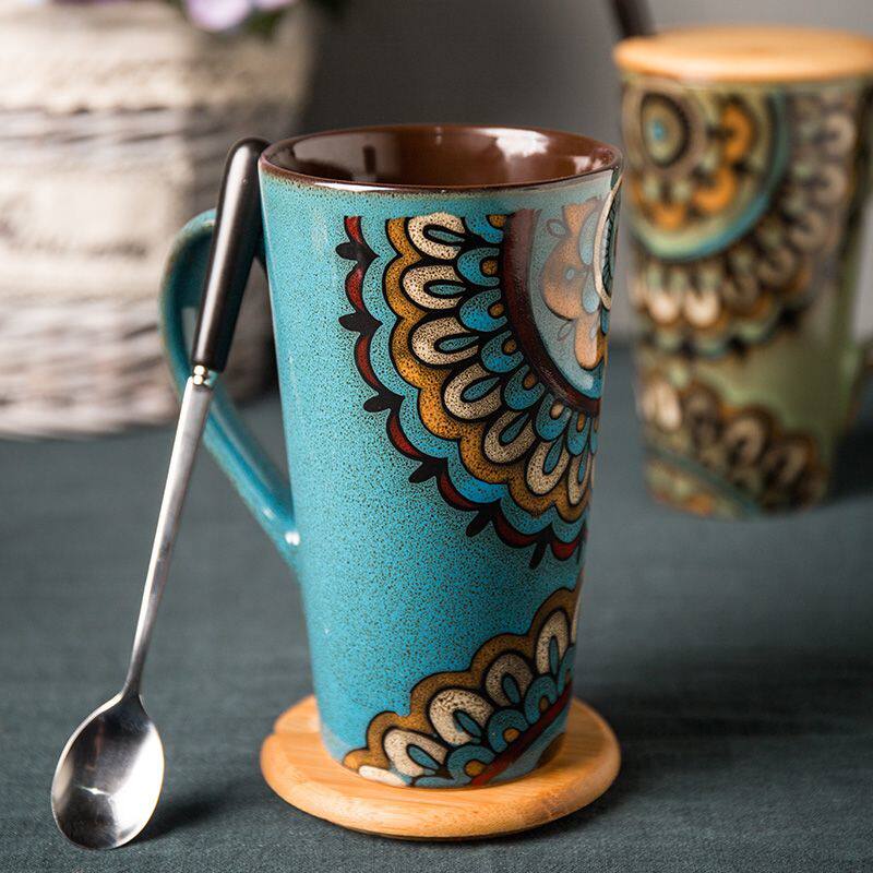 跨境马克杯大容量创意个性潮流陶瓷杯带盖勺北欧INS咖啡杯水杯子