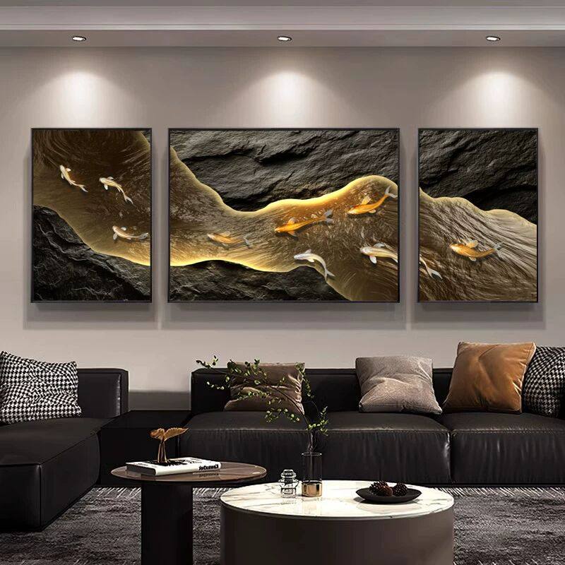 简约现代九鱼图客厅装饰画轻奢沙发背景墙挂画高级感大白墙三联画,家居饰品,现代装饰画,淘宝优惠券,粉丝福利购,淘宝优惠卷