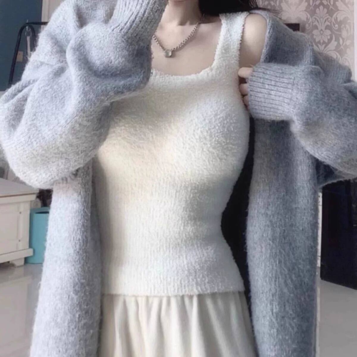 毛绒保暖内衣吊带背心女冬季加绒加厚内搭带胸垫美一体绒打底上衣