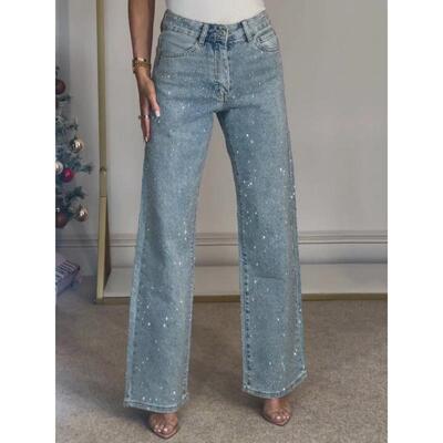 Women's Full Rhinestone Washed Jeans High Waisted Straight