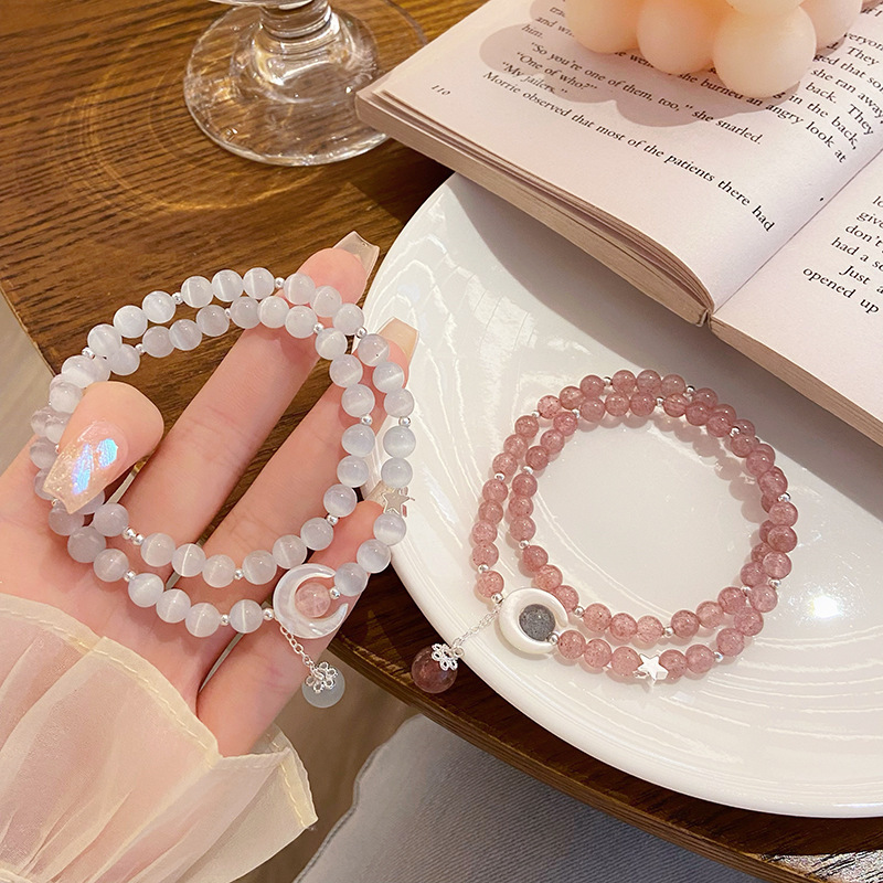 月影河畔~超仙甜美清新ins草莓晶双圈月亮手串公主风猫眼石手链