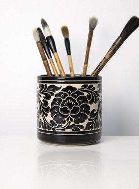 磁州窑收纳毛笔笔筒陶瓷艺术品摆设文房四宝复古笔筒中式创意文具
