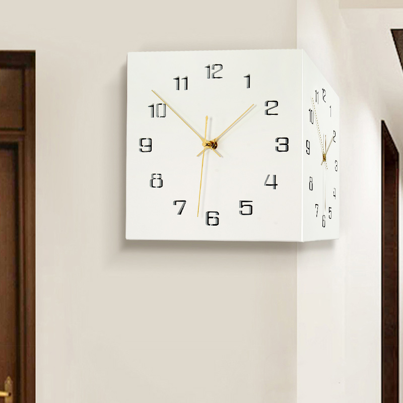 北欧转角双面挂钟k客厅创意简约现代拐角两面钟表家用时尚大气时