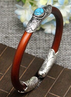西藏山南有节鸡血藤手镯藏银绿松石款本命年饰品民族风情侣手镯
