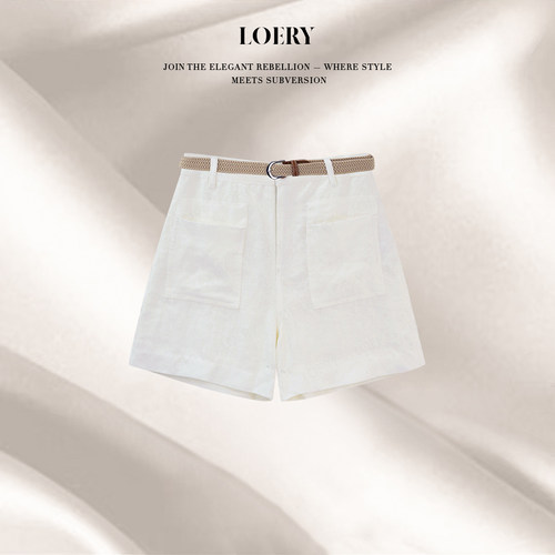 LOERY【口袋亚麻】100亚麻韩版口袋装饰肌理感短裤122108