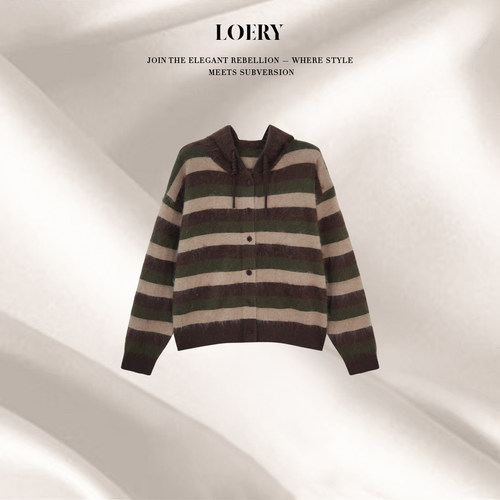 LOERY森系迷彩条纹拉绒连帽针织开衫132102