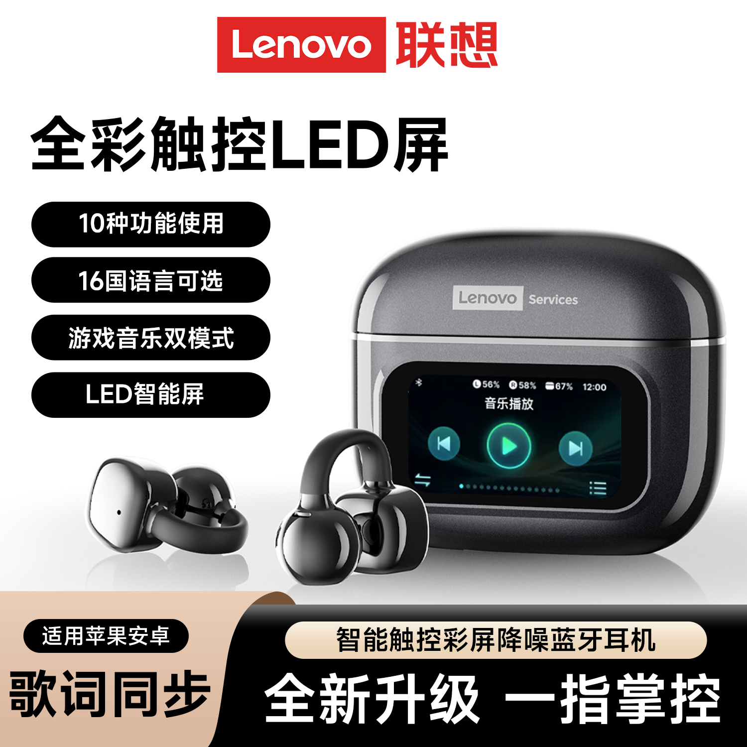 联想RS107耳夹式蓝牙耳机2025新款带显示屏多功能开放式运动降噪