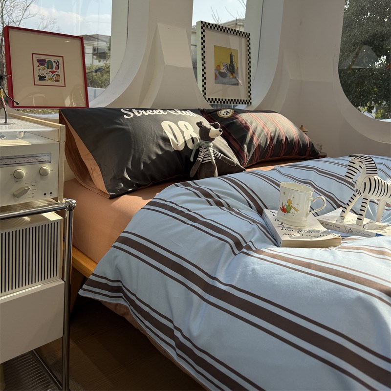 英伦红蓝条纹学院床上四件套全棉1.5m1.8宿舍被套床单三件套