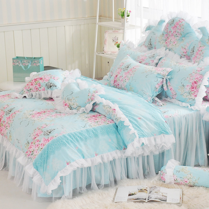 韩版斜纹碎花蕾丝花边床裙四件套全棉被套床罩公主床上4件套