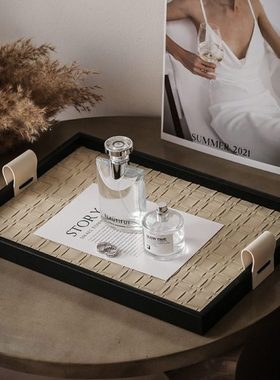 轻奢黑灰色皮质香薰托盘高级感置物收纳盘客厅茶几桌面软装装饰品