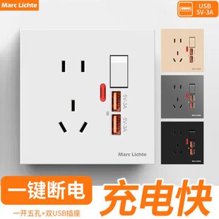 暗装86型新国标一开五孔插座带双USB接口快充10a手机充电插座面板