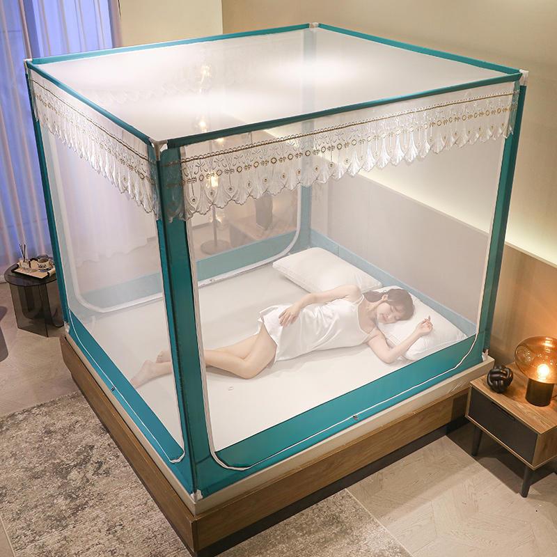 刺绣坐床蚊帐防掉床加高全底方顶宫廷蚊帐三开门拉链方帐简约轻奢