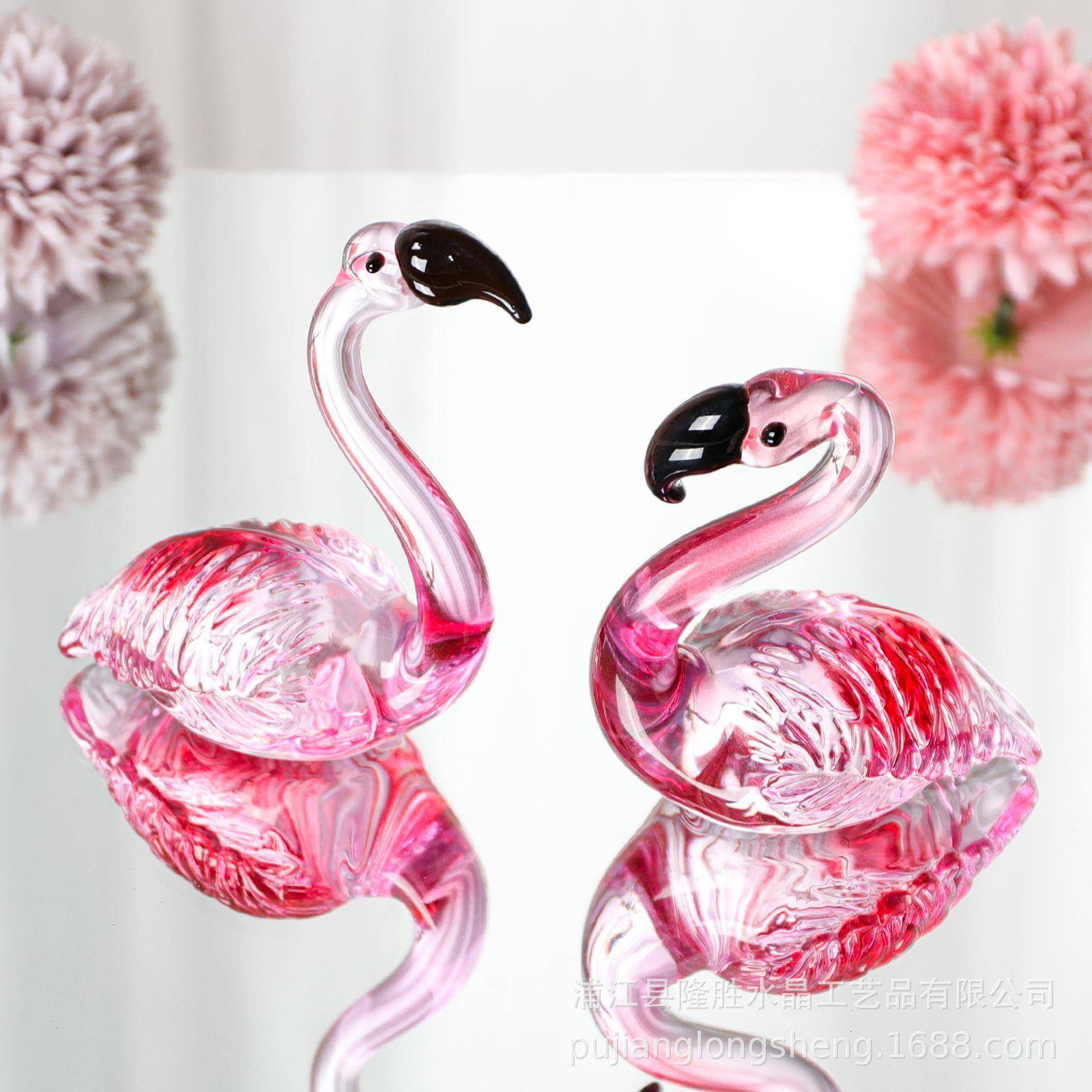 简约现代客厅软装桌面水晶摆件一对火烈鸟透明粉色动物园艺工艺品