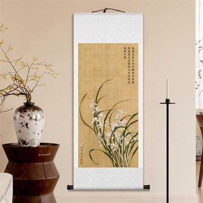 宋代美学新中式古风装饰画兰花花鸟图卷轴挂画客厅书房茶室玄关画