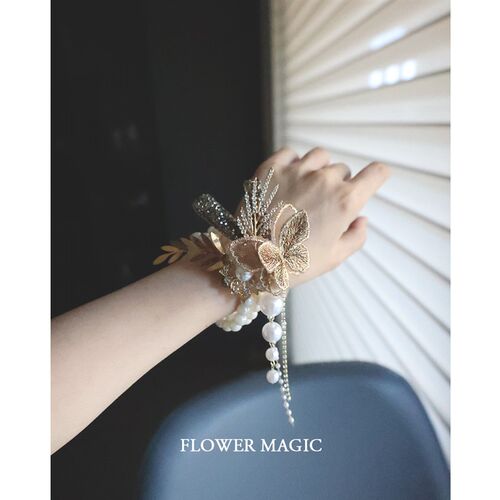 咖啡蝴蝶珍珠流苏重工豪华闪闪新娘伴娘姐妹团活动婚礼手腕花手花