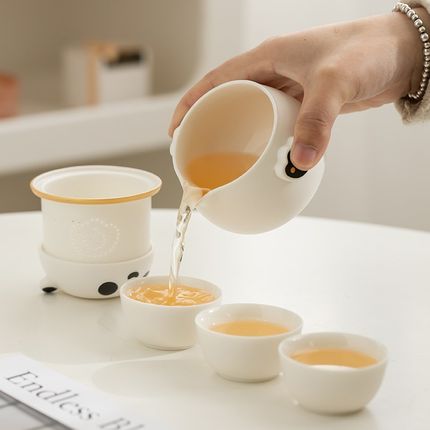 创意熊猫旅行茶具套装便携式快客杯一壶三杯户外露营旅行旅游茶杯