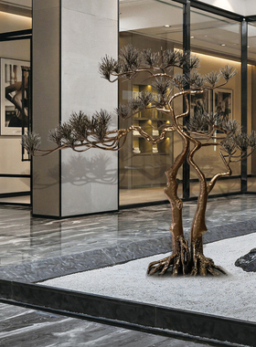 中式迎客松铁艺摆件玄关落地金属不锈钢松树雕塑装饰轻奢造景定制