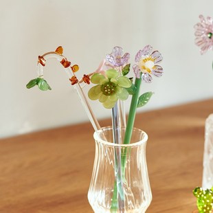 肆月创意个性实心咖啡搅拌棒玻璃长柄引流棒咖啡勺精致花朵小勺子