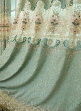 定制欧式镂空绿色雪尼尔客厅豪华窗帘窗M幔刺绣花纱帘遮光卧室