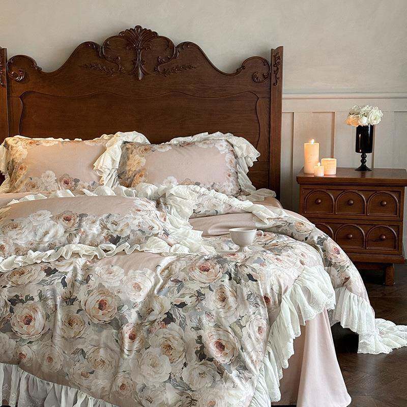 秋冬新款法式天丝棉磨毛雪纺花边四件套家用舒适1.8m床上用品套件