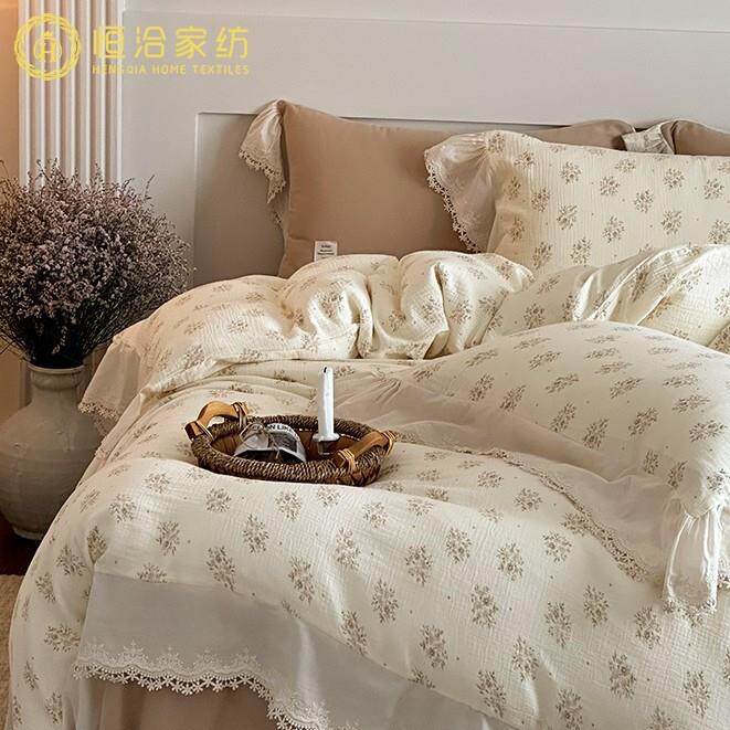 法式双层皱皱纱全棉碎花四件套纯棉透气韩式边被套床上用品白蓝色