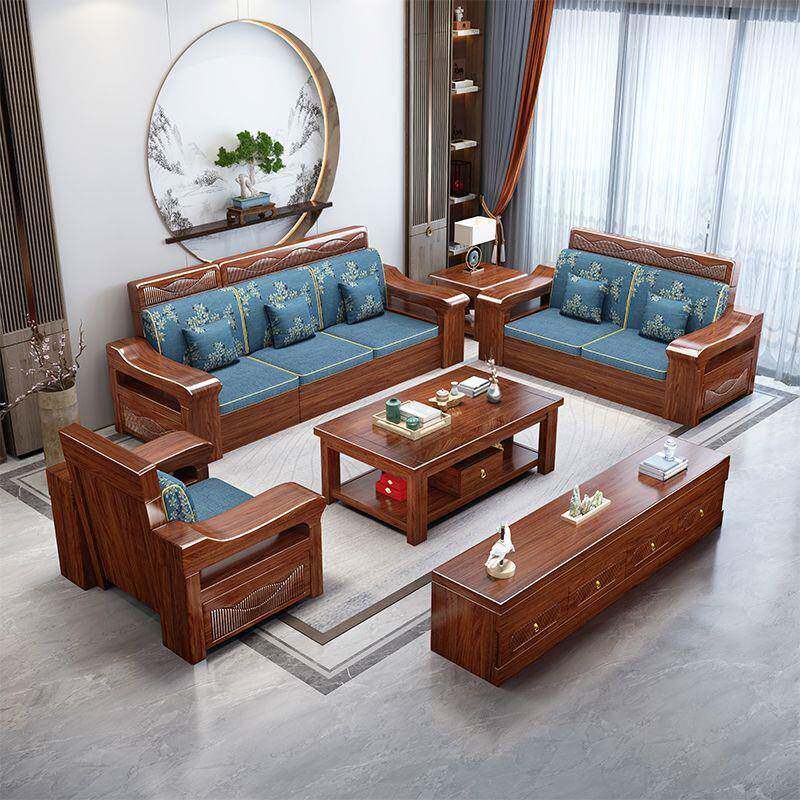 中式金丝胡桃木沙发组合客厅实木家具雕花小户型储物冬夏家用两用