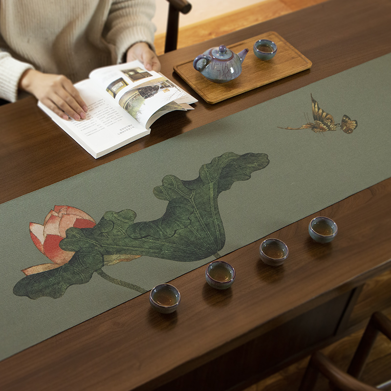 荷花防水茶f席禅意茶桌垫子茶几桌布垫布中国风布艺中式桌旗