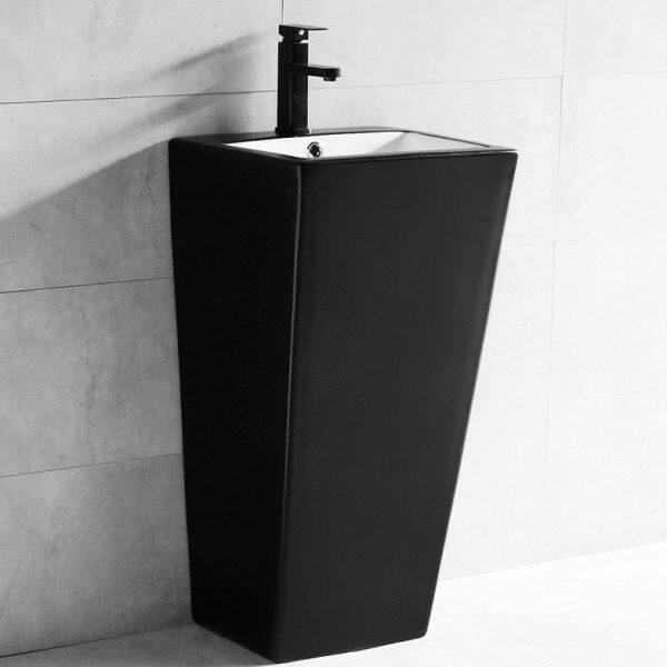 简约个性黑色立柱脸盆卫生间阳台家用陶瓷一体落地立式洗手盘方形