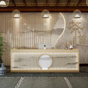 前台吧台新中式风格收银台接待台收银桌柜台美容院复古收款台