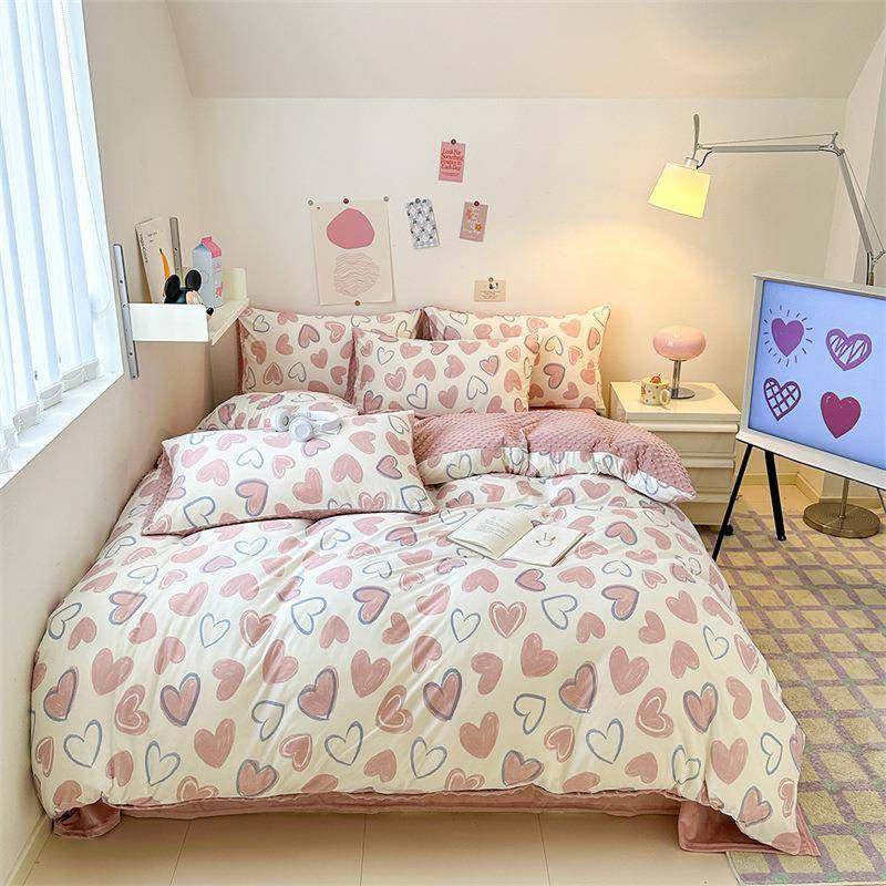 韩版豆豆绒被套单件冬季ab面牛奶珊瑚绒被罩单面绒粉色被单四件套