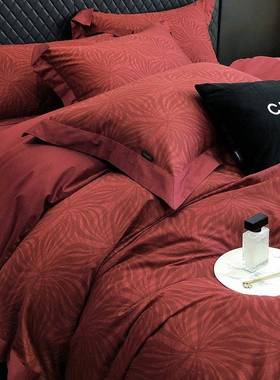 100支床上四件套红色婚庆长绒棉美式棉被套新婚高级感1.8m床品