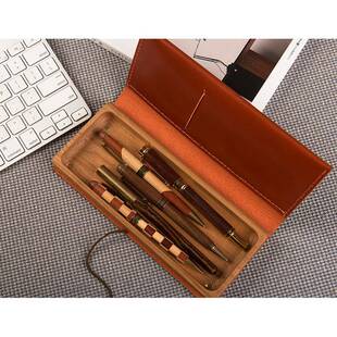 创意收纳盒皮制文具盒笔盒日式简约桌面多功能便携式木质笔盒