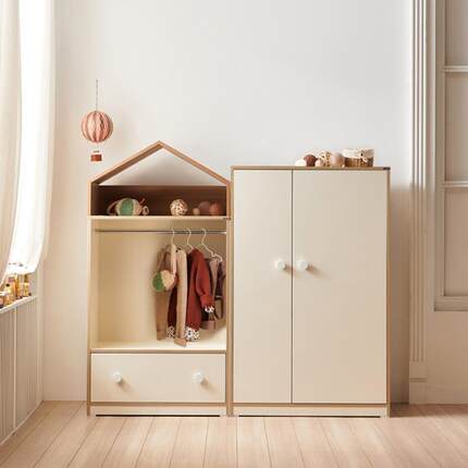 W7新款90宽实木儿童衣柜双开门男女衣橱柜奶油风抽屉储物斗