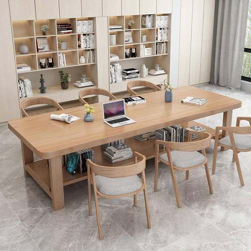 北欧双层实木会议桌客厅长条桌书房大书桌办公桌原木学习桌工作台