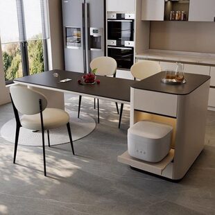 奶油风餐岛台组合可伸缩一体家用中倒台饭桌子法式岩板导台家用