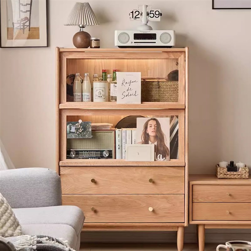 全实木边柜橡木书柜玻璃翻门餐边A柜收纳柜客厅电视边柜展示柜带