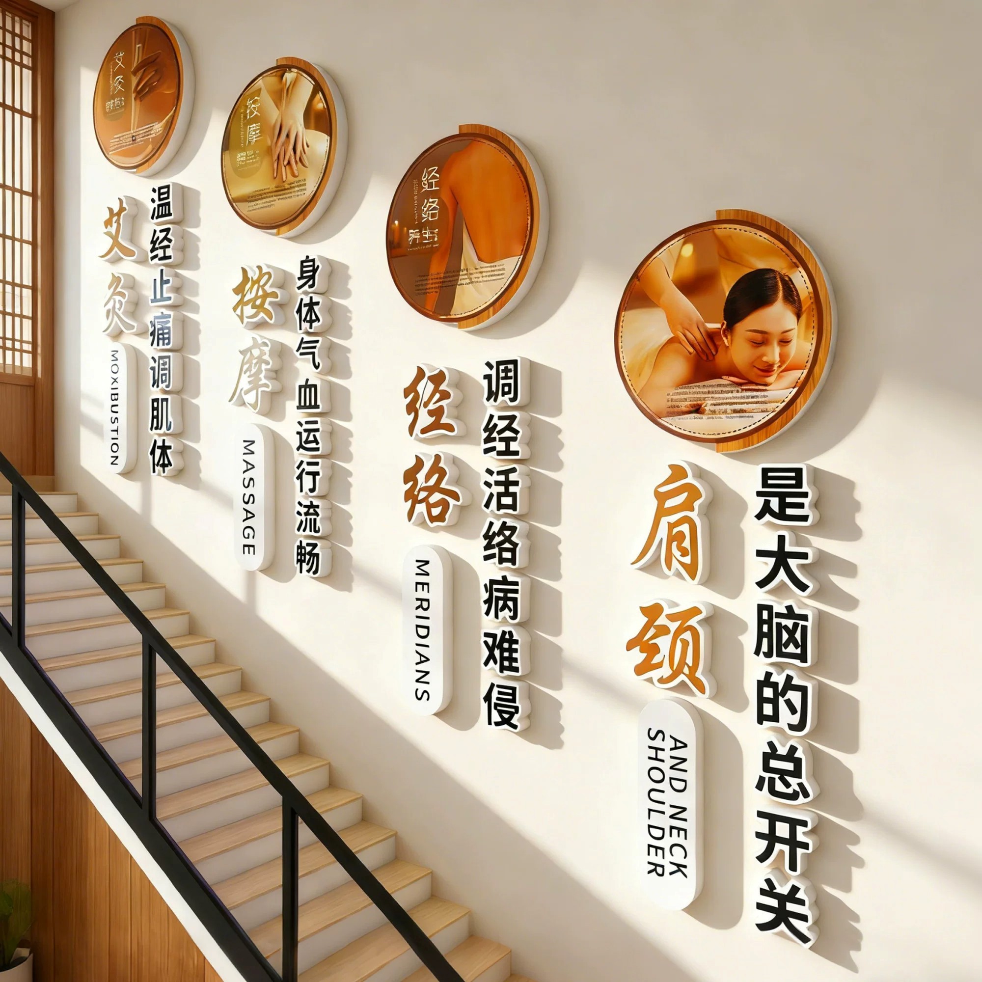 美容院楼梯墙面装饰画高级感中医养生馆挂画背景理疗氛围布置宣传