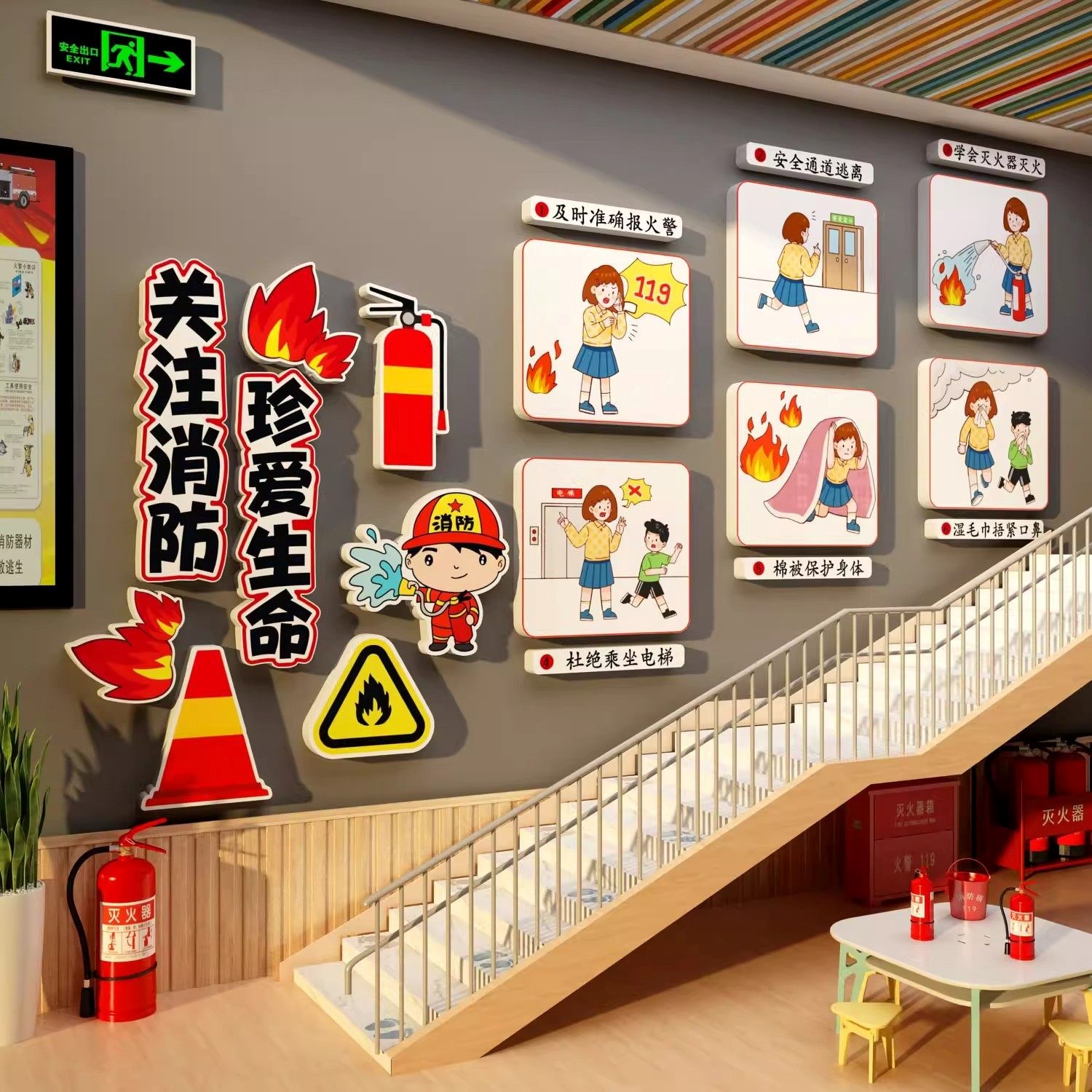 安全消防教育宣传墙贴面幼儿园环创主题成品装饰文化布置托管走廊