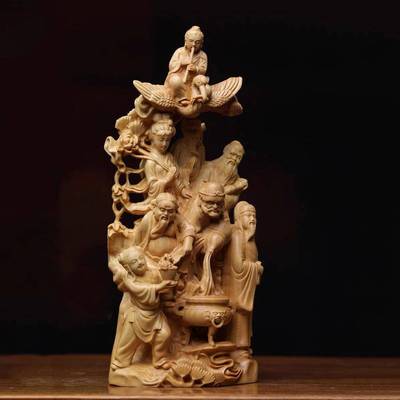 崖柏木精雕八仙过海实心人物摆件家居客厅送礼装饰工艺品八仙祝寿