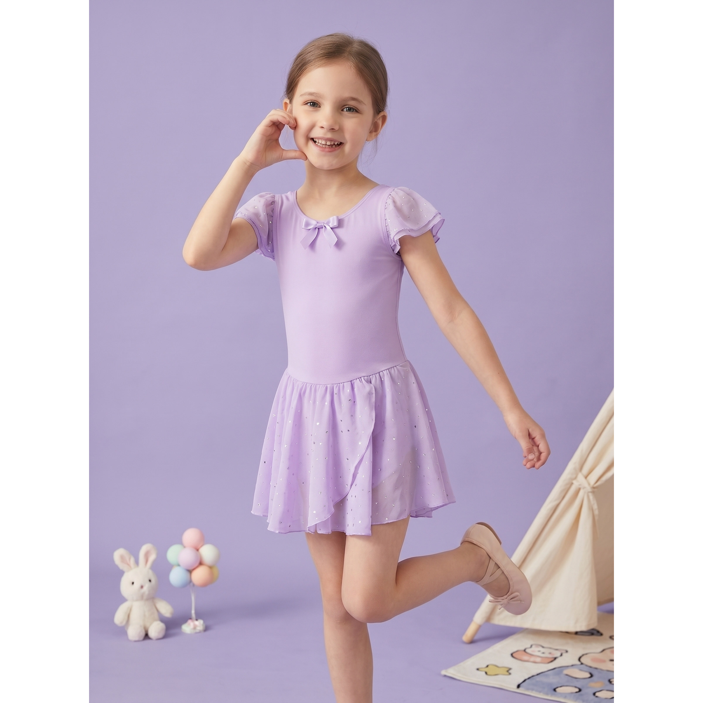 儿童芭蕾舞裙小孩练功服女雪纺亮片蝴蝶结舞蹈服小飞袖体操形体服