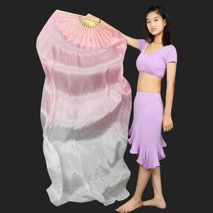 西厢寻他真丝舞蹈扇子藕粉渐变色古典舞双面胶州秧歌扇子加长绸扇