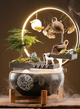 新中式招财流水生财摆件陶瓷鱼缸循环水客厅桌面店铺开业乔迁礼品