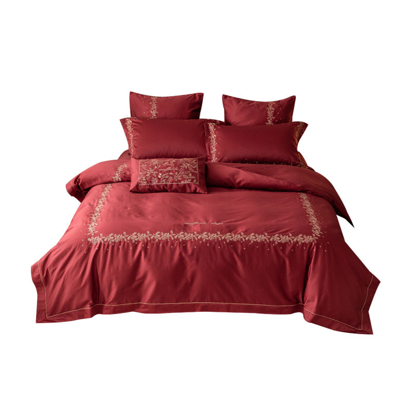 100支贡缎新疆长绒棉全棉四件套 刺绣高档婚庆大红床上被套床单