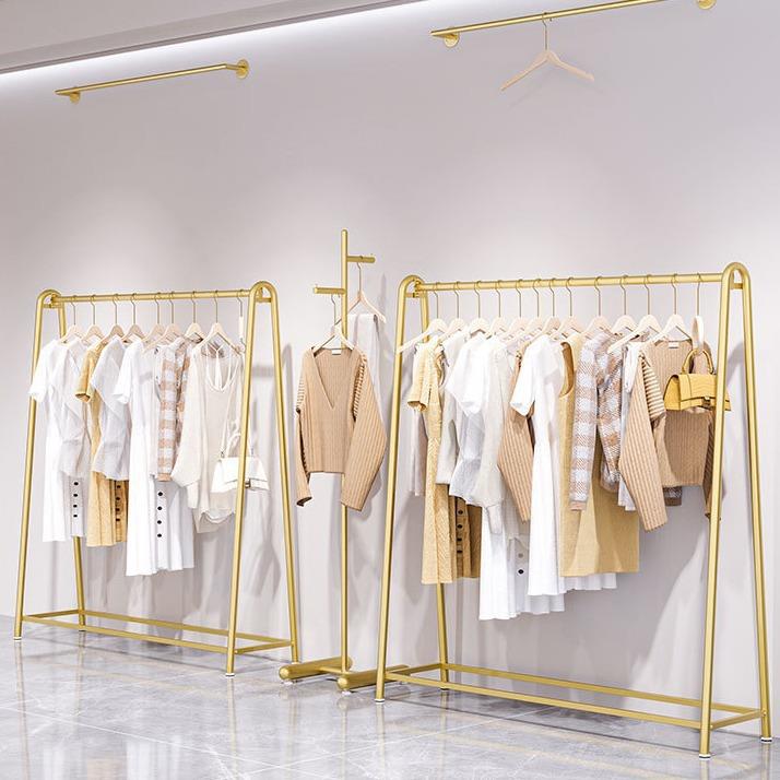 服装店展示架金色落地式女装货架挂衣架陈列组合双层侧挂架子