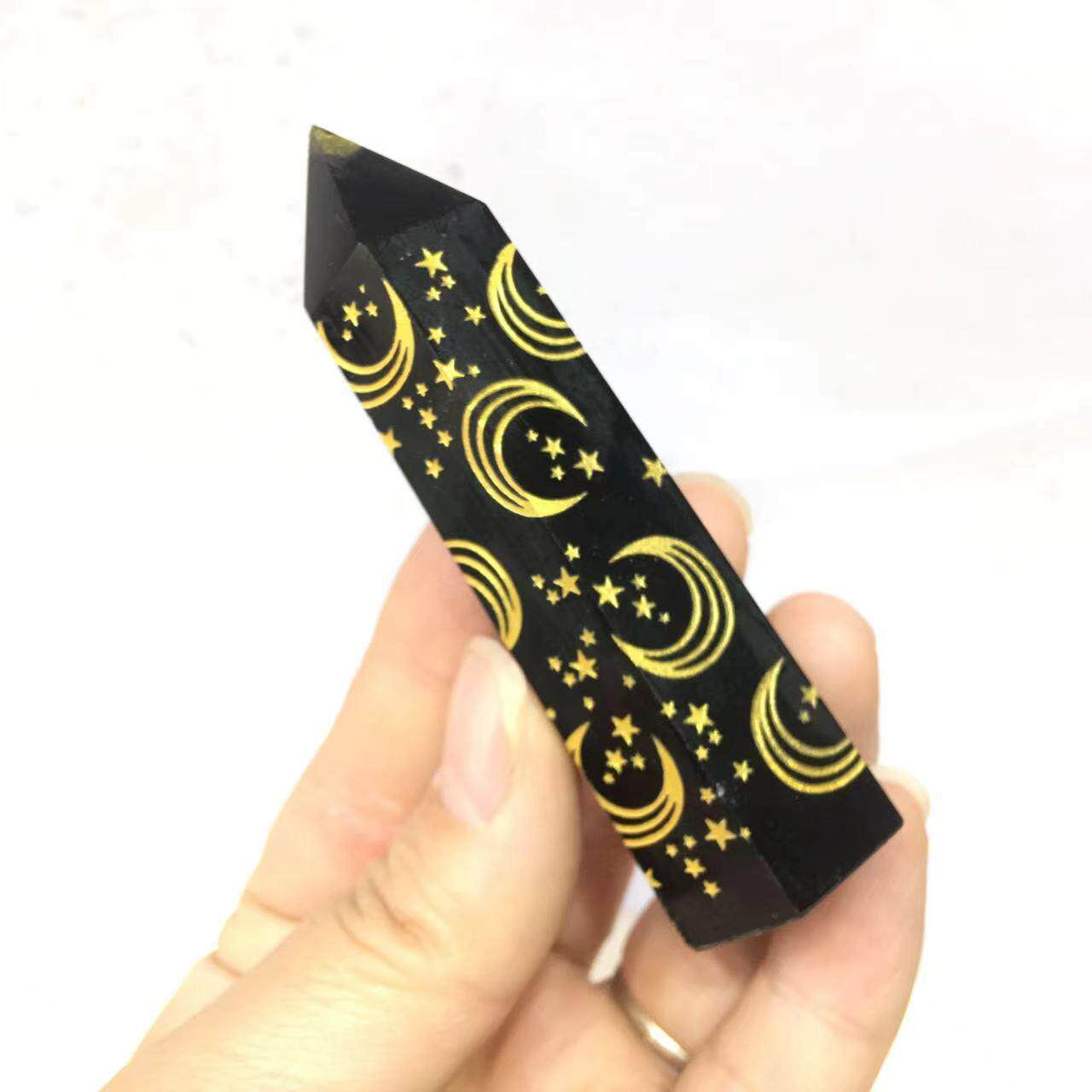 天然黑曜石单尖六棱柱星月雕刻水晶柱子热销魔杖摆件
