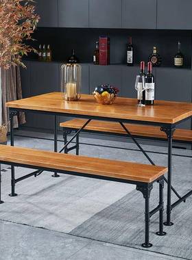 美式实木铁艺餐厅家用餐桌长桌椅组合复古工业风餐桌椅